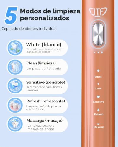 Escova de dentes TF Sonic Electric com limpeza e secagem UV, estação de carregamento sem fios, 5 modos de limpeza, 6 cabeças de substituição, copo incluído e IPX7 resistente à água (laranja)