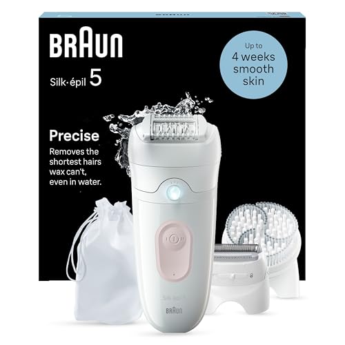 Braun Silk-épil 5 Epilierer Damen, Haarentferner für Langanhaltende Haarentfernung, Ladyshaver, Wasserdicht — Inkl. Trimmeraufsatz und Peelingaufsätz, Made in Germany — 5-060, Weiß/Flamingorosa