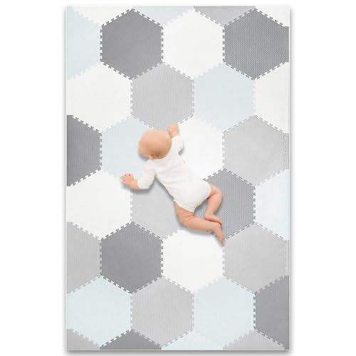 Baby Play Mat - Non-Toxic Extra-Thick Kid's Puzzle Exercise Activity Mat - Soft EVA Foam Interlocking Hexagon Floor Tiles, Grey & White, 48” x 72”