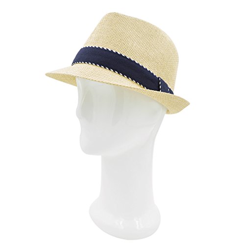 Premium Classic Fedora Straw Hat with Navy Striped Trim Band, Natural