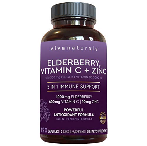 Viva Naturals Elderberry, Vitamin C, Zinc, Vitamin D3 5000 IU & Ginger - Antioxidant & Immune Support Supplement, 2…