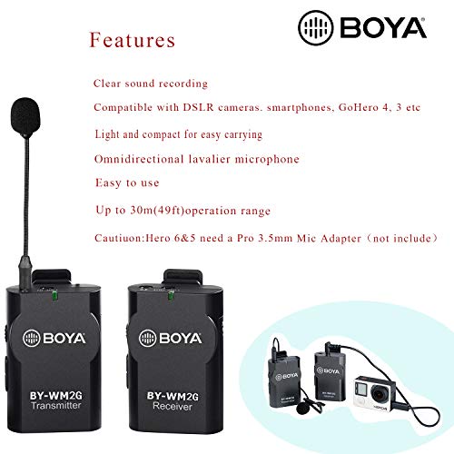 BOYA BY-WM2G Wireless Lavalier Microphone System Compatible with iPhoneX 8 8 Plus 7 6 Smartphone,Canon 6D 600D Nikon D800 D3300 Sony A7 A9 DSLR GoPro Hero4 Hero3 Hero3+ Action Cameras