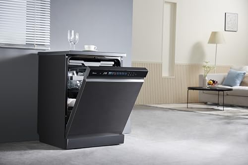 Midea Smart Freestanding Dishwasher With BLDC Motor, 15 Place Settings, 9 Programs, Wi-Fi, Turbo Speed, Power Wash & Auto Open Function, Silent & High Energy Efficient, Black - WQP15-WU7633GUR(BS)-GCC