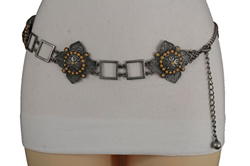 TFJ Women Ethnic Belt Hip Waist Vintage Antique Silver Metal Flower Charms S M L