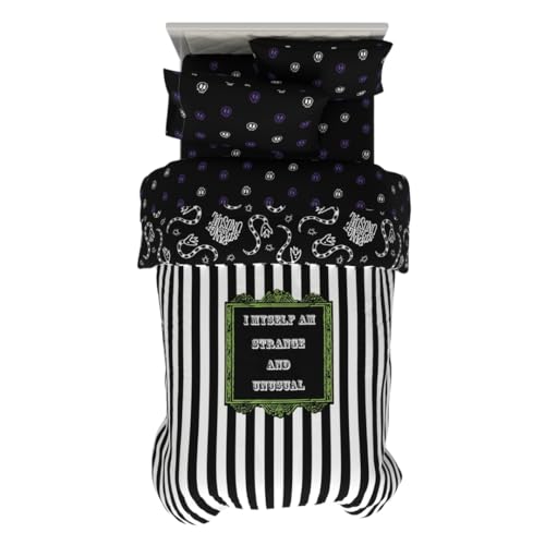 Franco Collectibles Beetlejuice Striped Bedding 4 Piece Super Soft Comforter and Sheet Set, Twin, (Officially Licensed Product)