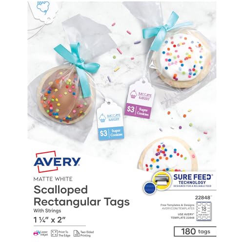 Avery Etiquetas recortadas para impressão, tecnologia Sure Feed, 5 cm x 3 cm, branco, inclui corda, impressão a laser/jato de tinta, total de 180, ótimo para marcas, presentes, merchandising e mais