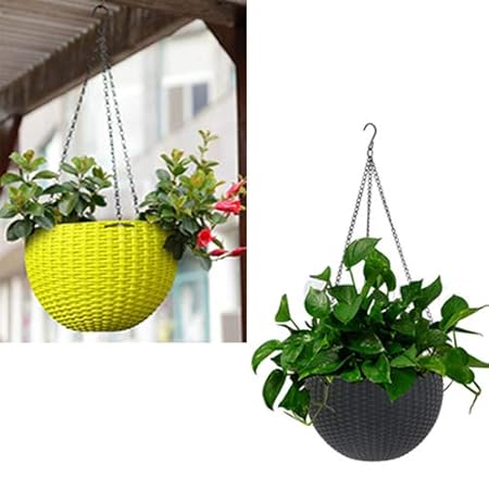 Antier (Yellow and Black) 2 pcs Round Plastic Resin Chain Basket Hanging Planter Hanging Flowers and Plants,Growers