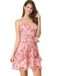 Allegra K vestido de volantes florales con correa de espagueti para mujer, cuello en V
