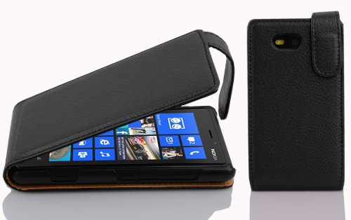 cadorabo Case works with Nokia Lumia 820 in OXIDE BLACK - Flip Style Case made of Structured Faux Leather - Wallet Etui Cover Pouch PU Leather Flip