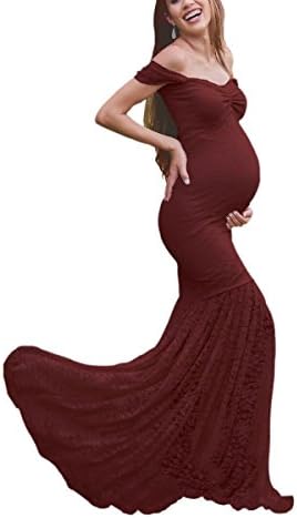 Women's Off Shoulder Ruffle Sleeves Lace Mermaid Maternity Slim Fit Gown Maxi Bridesmaid Photography Dress