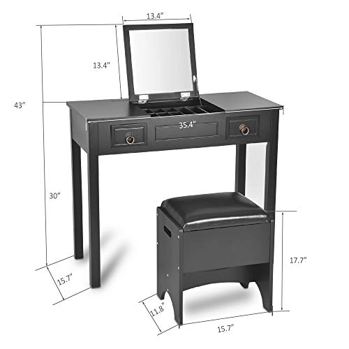 Vanity Set with Flip Top Mirror and Cushioned Storage Stool Bench Makeup Dressing Table Study Writing Desk with 2 Drawers Stool 3 Removable Organizers in Black