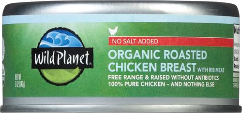 WILD PLANET ORGANIC ROASTED CHICKEN BREAST, SKINLESS AND BONELESS, NO SALT ADDED, 100% CHICKEN BREAST, 5 OUNCE