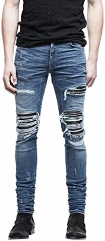 WOCACHI Men New Stretchy Ripped Skinny Biker Jeans Destroyed Taped Slim Fit Denim Pants