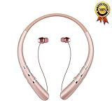 Wireless Headphones, Bluetooth Retractable Earbuds Neckband Headset Sports Sweatproof Earphones with Mic for iPhone X 8 7 6 Android Smartphone (12 Hours Play Time, Rose)