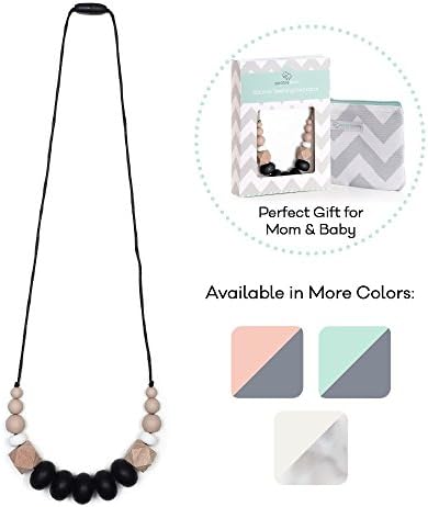 Goobie Baby Harper Silicone Teething Necklace for Mom to Wear, Nursing Necklace Chew Bead (Gift Box Packaging – Black/Oatmeal)