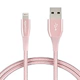 AmazonBasics Double Nylon Braided USB A Cable with Lightning Connector, Premium Collection, MFi Certified iPhone Charger, 3 Foot, 2 Pack, Rose Gold