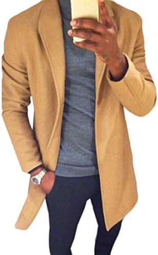 BYWX Men Autumn Notched Lapel Open Front Solid Trench Coat Overcoat