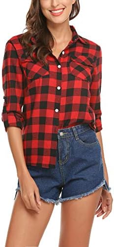 Women's Plaid Button Down Shirt Long Roll up Sleeve Blouse Casual Buffalo Top