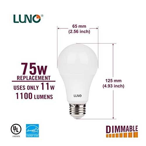 LUNO A19 Dimmable LED Bulb, 11W (75W Equivalent), 1100 Lumens, 2700K (Soft White), Medium Base (E26),UL & Energy Star (6-Pack)