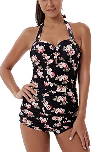 Seanami Dazzling Elegant Retro Inspired Boy-Leg One Piece Ruched Halter Swimsuit