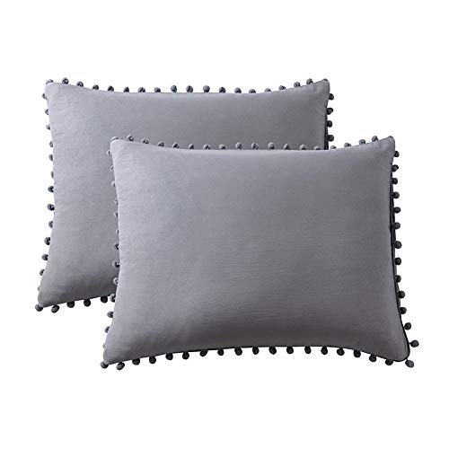 MoonxHome Pom Pom Fringe Pillowcases, Double Brushed Microfiber Pillow sham Pillow Cover Set Standard/Queen Size Light Grey