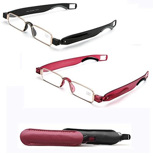 Pince Nez Mountings 2 Pack Presbyopic Glasses Degree +1.0 to +3.5 Foldable Reading Elderly Visual Acuity Function Decline Eyewear Rotating Ultra Light Unisex Mini Pocket Reader Eyeglasses,+2.00D