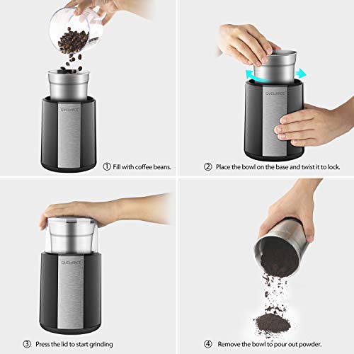 QUELLANCE Electric Coffee Grinder, Stainless Steel Blades Coffee and Spice Grinder with 2.5 Ounce Removable Cup, Powerful 200W Electric Mills for Most Efficient Grinding, Black - Thumbnail 5
