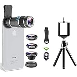 Cell Phone Camera Lens, 5 in 1 Telephoto Lens Kit, 12x Telephoto Lens+Fisheye Lens+0.65x Wide Angle Lens+Macro Lens+Star Filter Lens, Tripod+Remote Shutter for iPhone x 8 7 6S plus, Samsung Smartphone