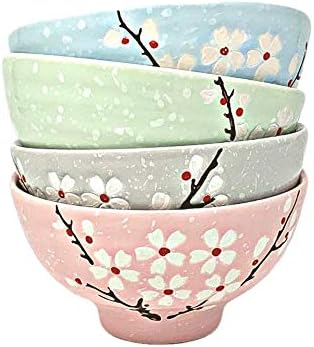 Rice Bowl Set 4 Pieces Of Ceramic Bowls With Unique Japanese Spring Cherry Blossom Design For Soup Noodles Desserts Miso Salad Dipping Blue Green Grey Pink Amazon Ca Home Kitchen