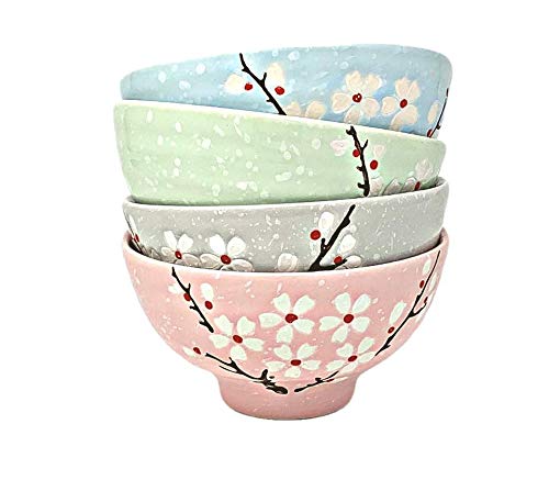 Rice Bowl Set, 4 Pieces of Ceramic Bowls with Unique Japanese Spring Cherry Blossom Design, for Soup, Noodles, Desserts, Miso, Salad, Dipping (Blue, Green, Grey, Pink)