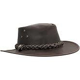 Walker and Hawkes Leather Cowhide Outback Braided Traveller Hat, Unisex Western Style, Durable Outdoor Sun Protection, Brown - Medium
