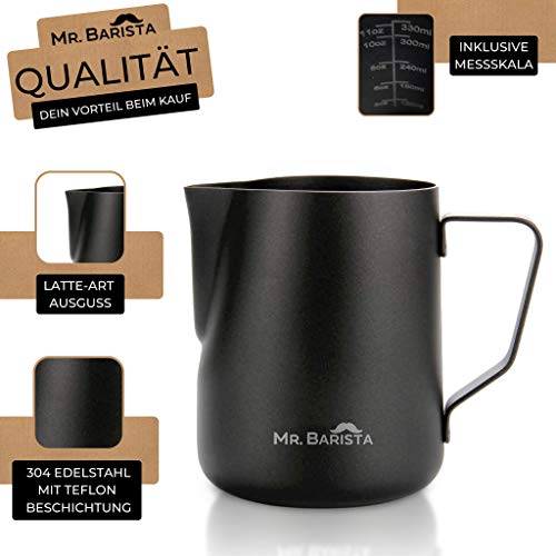 Mr. Barista® Professionelles Barista Milchkännchen 350ml aus Edelstahl - mit Teflon Beschichtung - Latte Art Ausguss - spülmaschinenfest - inklusive Barista Tuch (350ml) – Bild 3