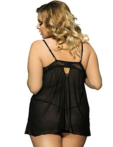 Maxde Secy Plus Size Babydoll Lace Lingerie Open Cup for Women Sexy Sleepwear Set with Underware Black
