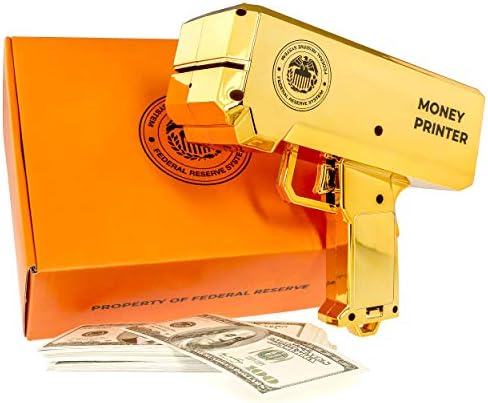 The Money Printer โ Golden Money Gun Shooter with Fake Money ($10000 Play Money) โ Gift Box Included โ Bachelor Party Supplies, Bachelorette Party Games, Birthday Party, Prank Stuff