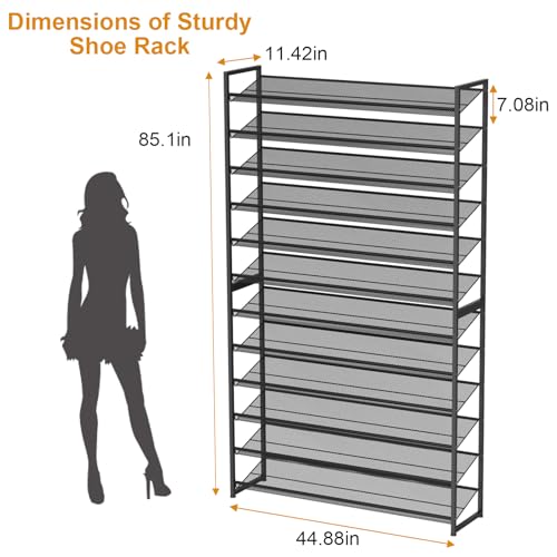 Large Shoe Rack 12 Tier Shoe Organizer, Heavy Duty Metal 6-Tier Stackable Shoe Storage Vertical Shoe Rack for Closet Front Door Entrance, Up to 75 Pairs, 44.8" W x 11.4" D x 85.1" H, Black