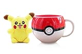 Finex Pokemon Pokeball Coffee Mug Round Figural Cup + Male Pikachu Plush Figure Keychain SET ...
