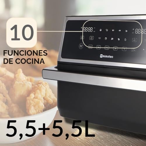 – Air Fryer Double Touch 11L (5,5+5,5L) Freidora de Aire Doble sin Aceite, 2850W, 10 Menús, Pantalla Táctil, Temporizador 60min regulable, 80-200°C, Cocina Fácil y Saludable