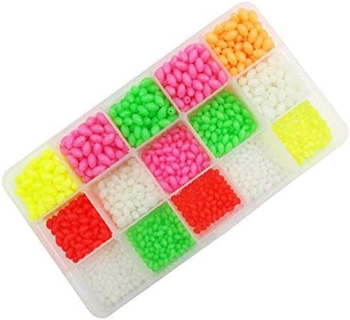 Milepetus Colourful and Green Luminous Glow Fishing Beads,Hard Plastic Oval Shaped Fishing Eggs,Assortment Green Sea Fishing Bead Fishing Tackle Floating Tools Eggs,1500pcs/box 15 Size