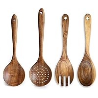 4 Pcs Luxury Acacia Wood Cooking Spoons Set-Mixing Spoon, Salad Fork, Slotted Spoon, Serving Spoon-Wooden Kitchen Utensil Tools Gadgets