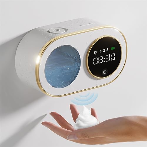 TERRIFI Wall Mount Automatic Foaming Soap Dispenser with Digital LED Clock, 3000mAh Rechargeable, 12oz Capacity, IPX5 Waterproof, Smart Electric Hand Soap Dispenser for Bathroom & Kitchen, White