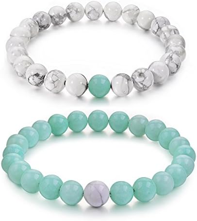 Couples His and Hers Bracelet Green Jade &amp; White Howlite 8mm Beads By Long Way 7.5"&amp;7.8"
