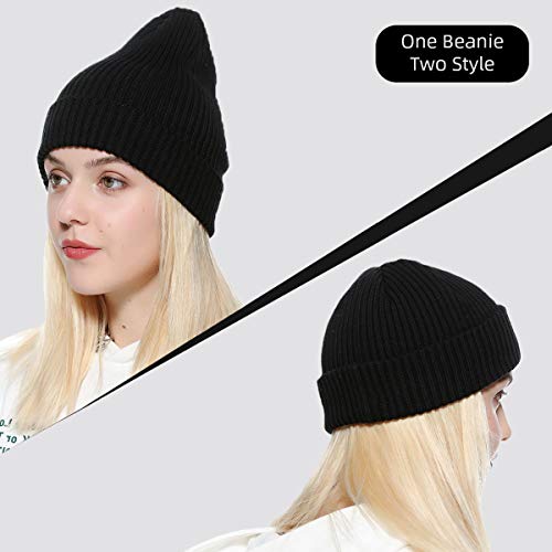 ZOWYA MENS WINTER KNIT BEANIE HAT, RIB WATCH CAP SKULL CAP WINTER SKI HAT FOR DAILY, 1 HAT 2 STYLE (BLACK)