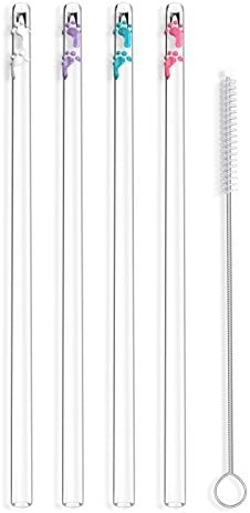 Hummingbird Glass Straws Little Feet 8 inches x 9.5 mm Straight Reusable Straws (4 Pack of White-Lavender-Teal-Pink)