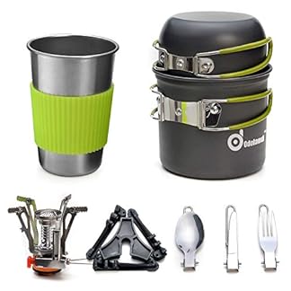 Odoland camping cookware kit with stove outdoor cooking set non stick pot and pans lightweight backpacking hiking utensil gear for 1 to 3 people traveling trekking and camping