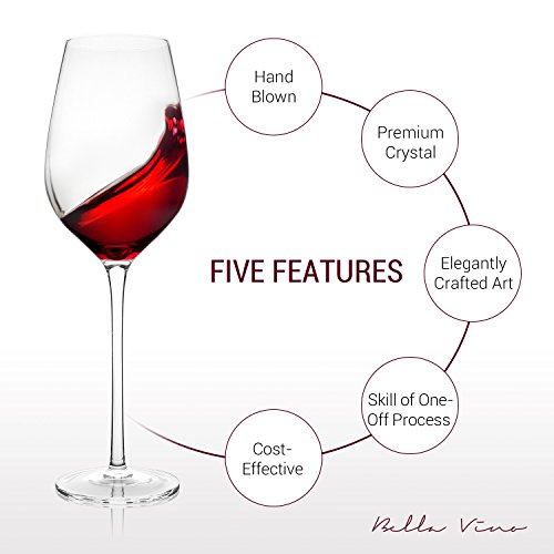 Hand Blown Crystal Wine Glasses - Bella Vino Standard Red/White Wine Glass Made from 100% Lead Free Premium Crystal Glass, Perfect for Any Occasion, Great Gift, Set of 2, Clear