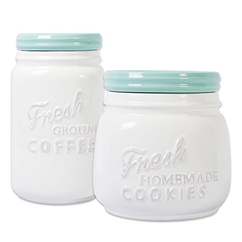 DII 2 - Piece Vintage, Retro, Farmhouse Chic, Mason Jar Inspired Ceramic Kitchen Canister, Cookie Jar With Airtight Lid For Food Storage, Store Coffee, Cookies, Crackers, Chips and More - Aqua