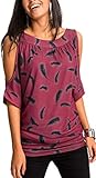 NENONA Women's Cut Out Off Shoulder Blouse Short Sleeve Loose Fit Shirt Top (Red-XL)