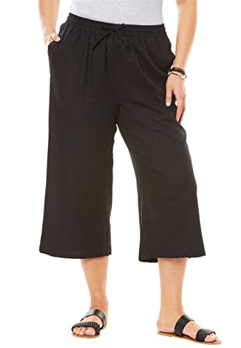 Only Necessities Women's Plus Size Petite Drawstring Linen Culottes Black,14 Wp