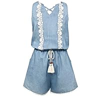 Smukke, Big Girls Vintage Lace Trimmed Denim Sleeveless Romper with Pockets, 7-16 (Denim, 16)