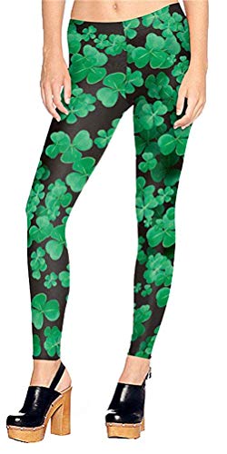 Womens St.Patrick's Day Leggings Green Clover Pattern Stretchy Shamrock Pants Black M